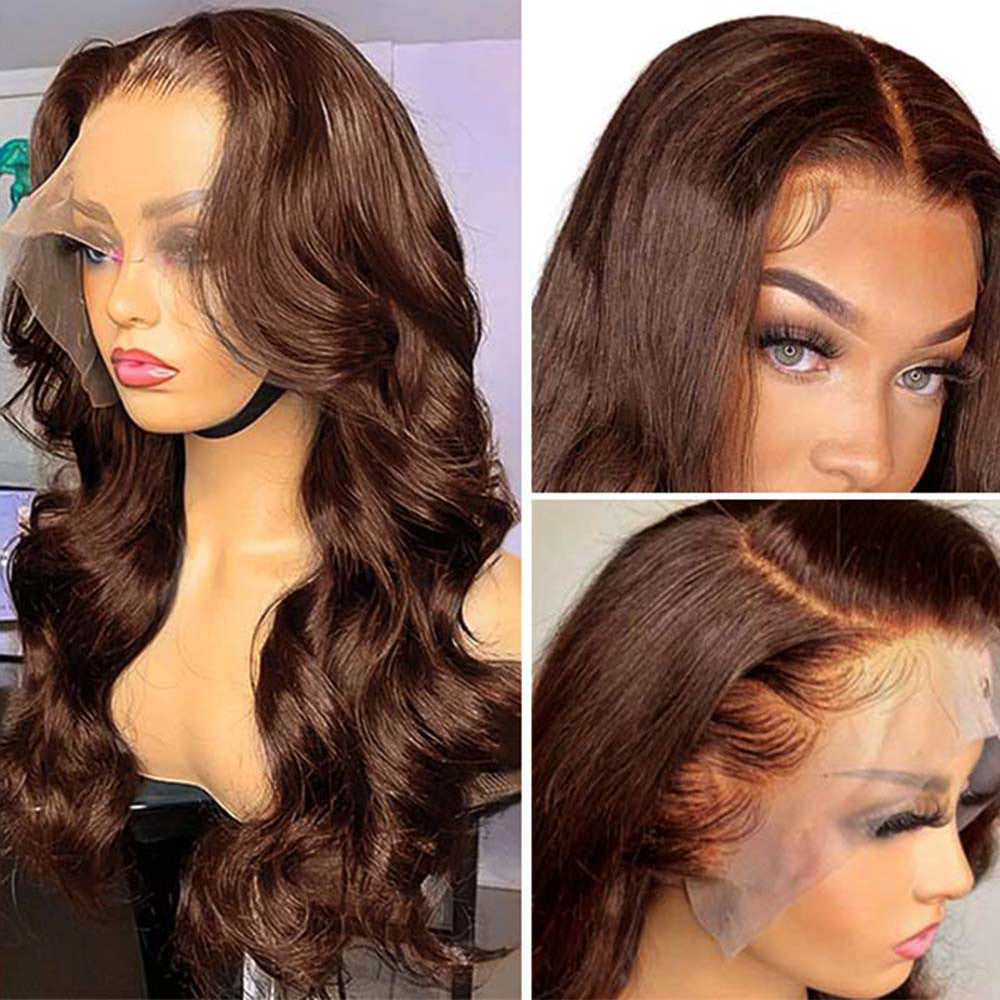 Ruilog Hair 180% 250% Density Chocolate Brown Color 13x4 Transparent Lace Frontal Wig Body Wave Human Hair Wigs