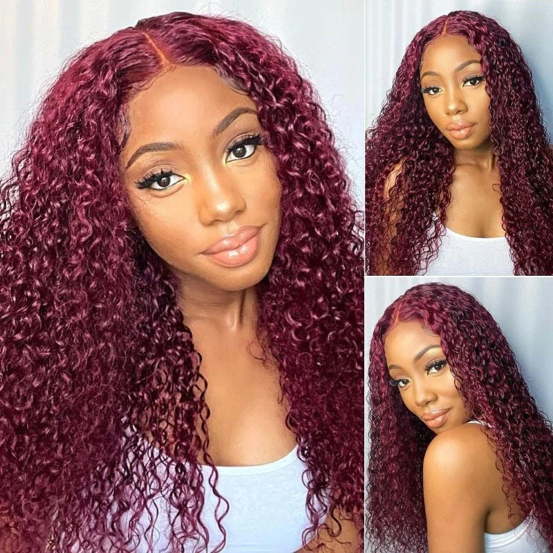 Ruilong Hair 99J Burgundy Red Colored 13x4 Lace Front Human Hair Wigs For Women Kinky Curly Lace Frontal Wigs