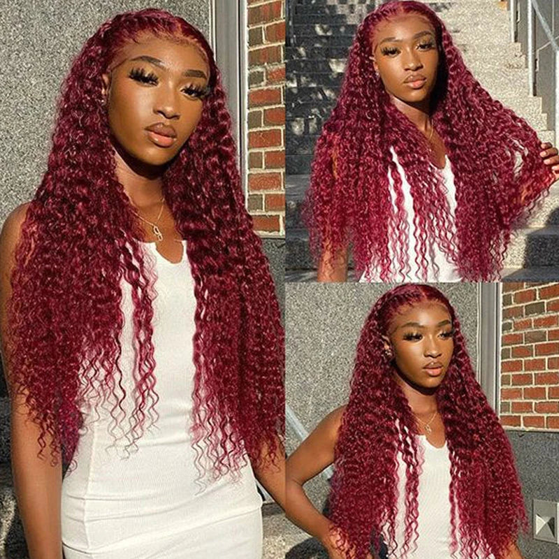 Ruilong Hair 99J Burgundy Red Colored 13x4 Lace Front Human Hair Wigs For Women Kinky Curly Lace Frontal Wigs