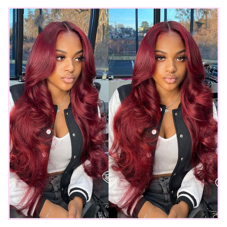 Ruilong Hair Burgundy 99J Body Wave 13x4 Lace Front Wig, Red Human Hair Wig With Natural Hairline