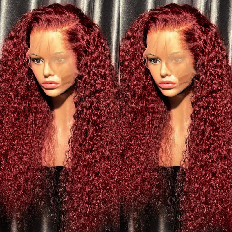 Ruilong Hair 99J Burgundy Red Colored 13x4 Lace Front Human Hair Wigs For Women Kinky Curly Lace Frontal Wigs