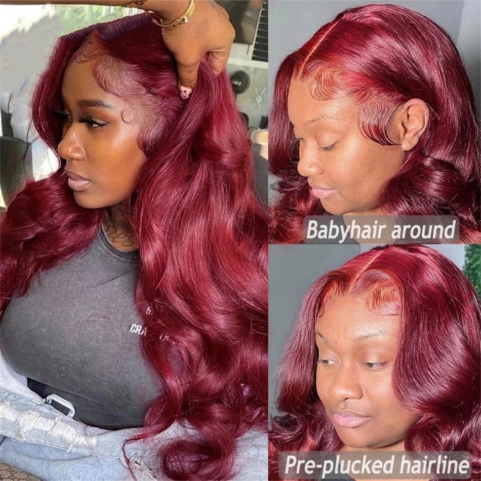 Ruilong Hair Burgundy 99J Body Wave 13x4 Lace Front Wig, Red Human Hair Wig With Natural Hairline