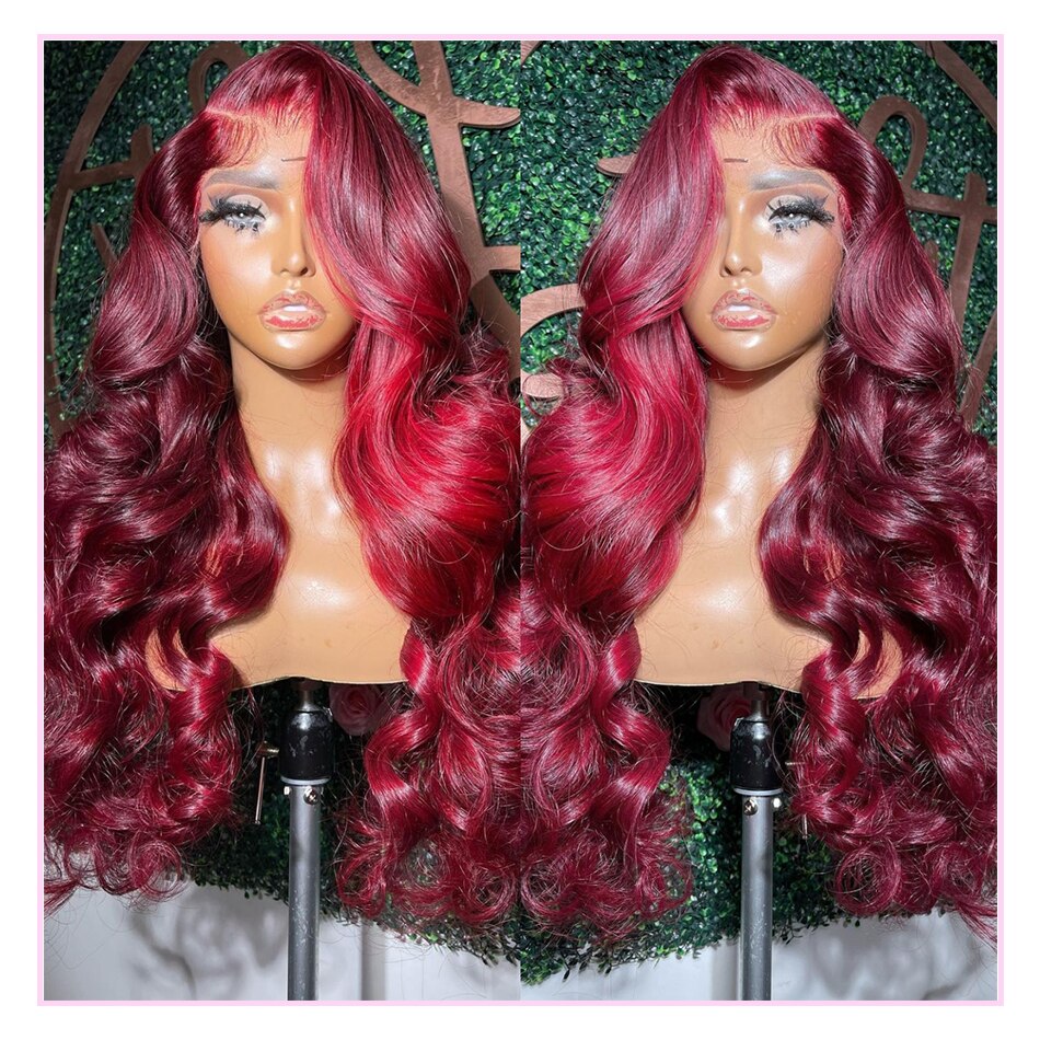 Ruilong Hair Burgundy 99J Body Wave 13x4 Lace Front Wig, Red Human Hair Wig With Natural Hairline