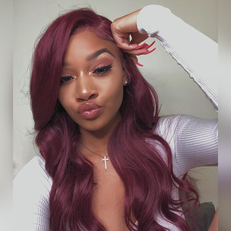 Ruilong Hair Burgundy 99J Body Wave 13x4 Lace Front Wig, Red Human Hair Wig With Natural Hairline