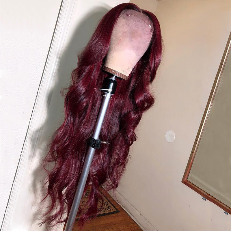 Ruilong Hair Burgundy 99J Body Wave 13x4 Lace Front Wig, Red Human Hair Wig With Natural Hairline