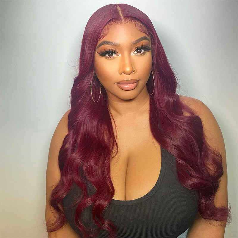 Ruilong Hair Burgundy 99J Body Wave 13x4 Lace Front Wig, Red Human Hair Wig With Natural Hairline