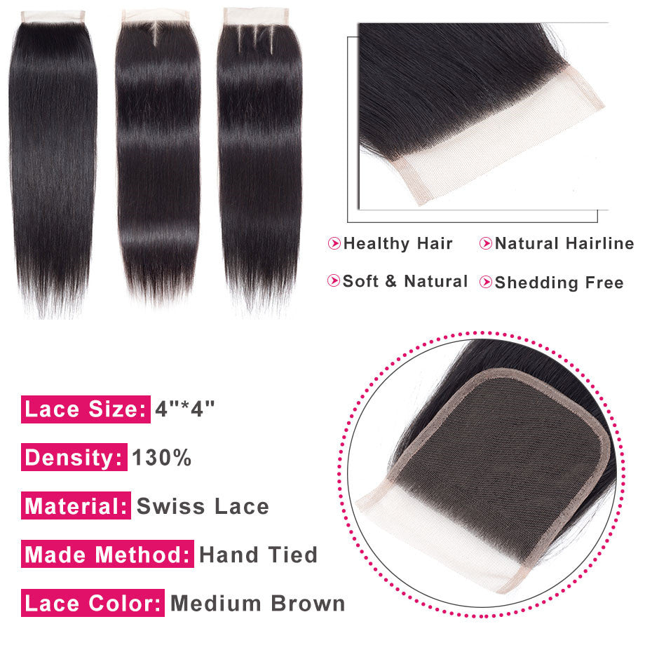 Ruilong Hair 1PCS High-quality Straight 4"X4" Transparent Lace Closure 100% Virgin Human Hair