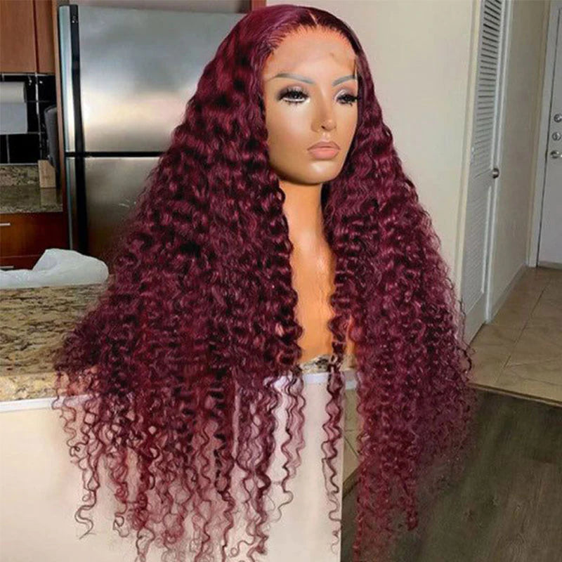 Ruilong Hair 99J Burgundy Color 13x4 HD Transparent Deep Wave Lace Frontal Human Hair Wigs For Women