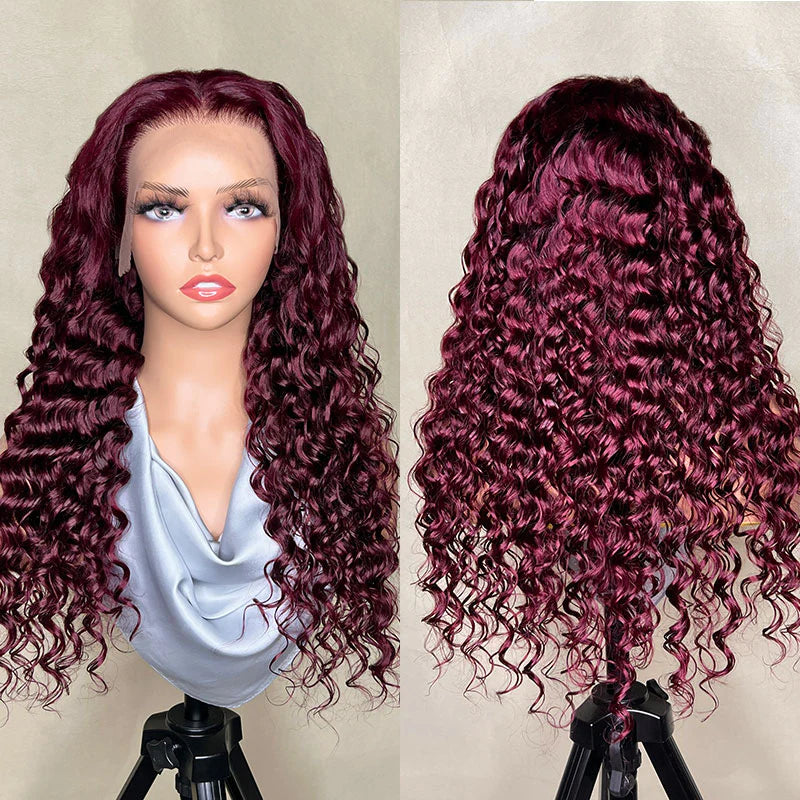 Ruilong Hair 99J Burgundy Color 13x4 HD Transparent Deep Wave Lace Frontal Human Hair Wigs For Women