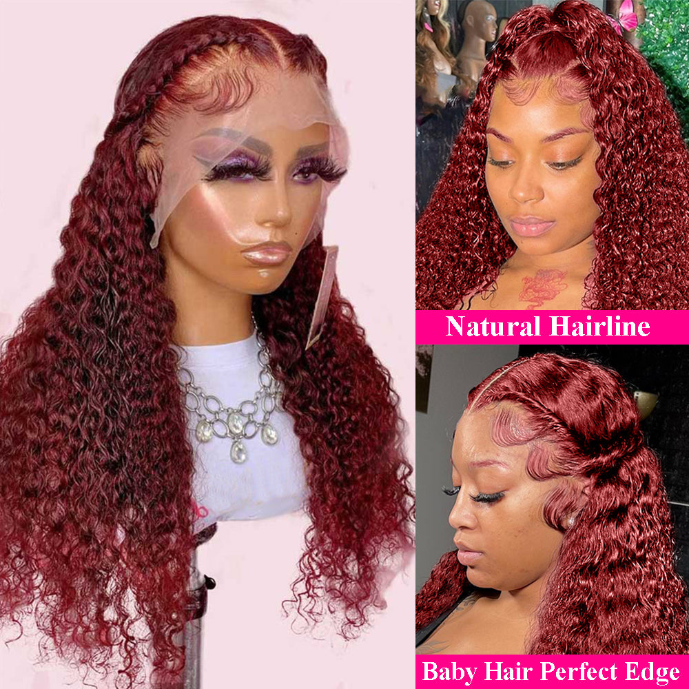 Ruilong Hair 99J Burgundy Color 13x4 HD Transparent Deep Wave Lace Frontal Human Hair Wigs For Women