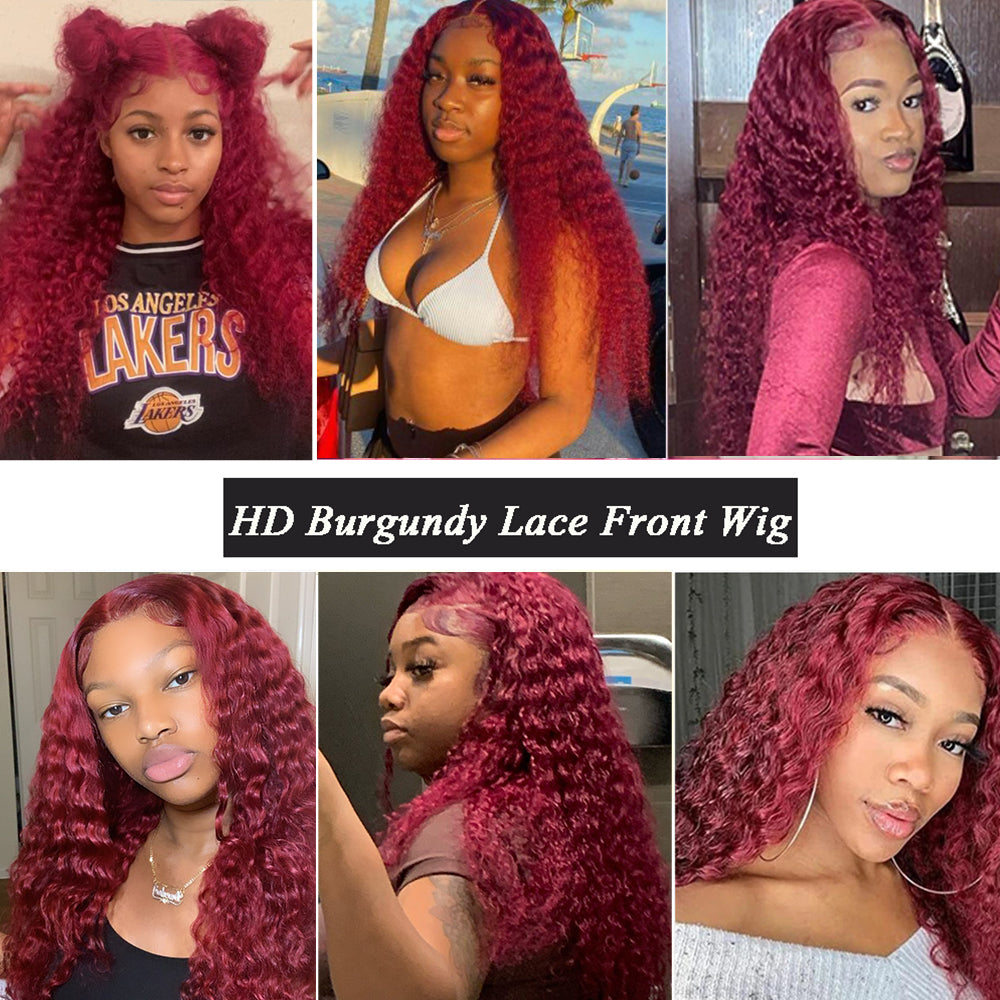 Ruilong Hair 99J Burgundy Color 13x4 HD Transparent Deep Wave Lace Frontal Human Hair Wigs For Women