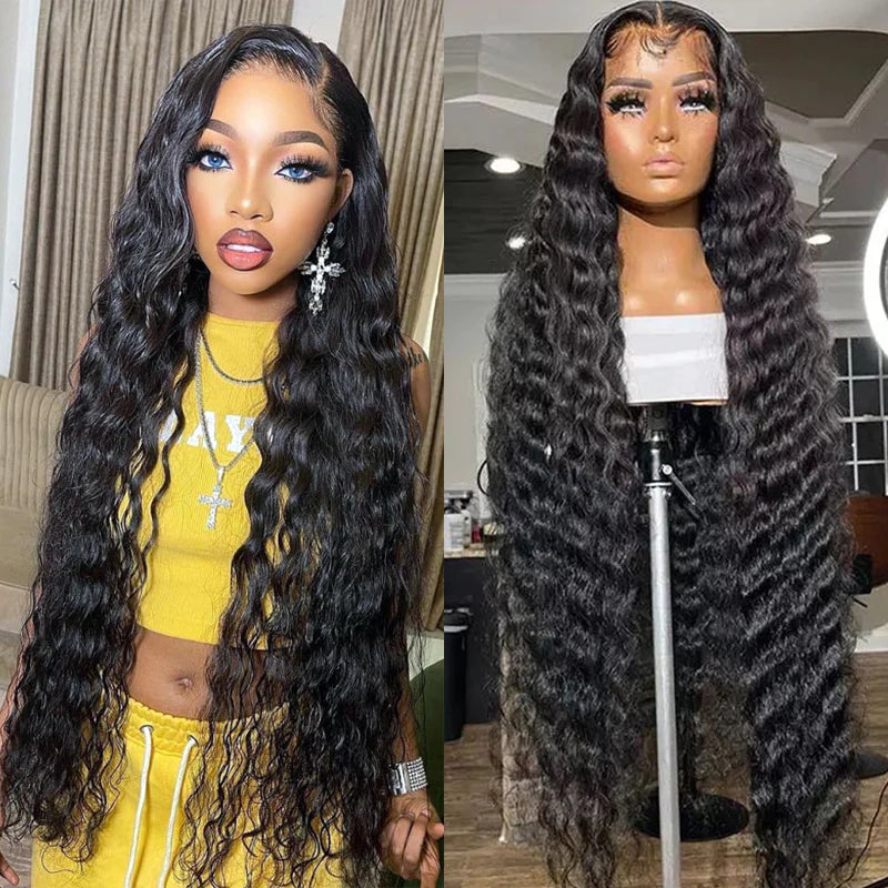 Ruilong Hair 13x4 HD Transparent Brazilian Deep Wave Lace Frontal Human Hair Wig 30 40 Inch Pre Plucked With Baby Hair 180% Density Deep Curly Lace Frontal Wig For Women