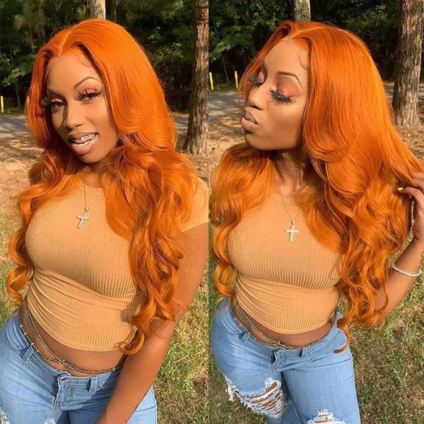 Ruilog Hair Ginger Orange Colored Body Wave Wigs 13X4 HD Transparent Lace Wig Pre Plucked With Baby Hair