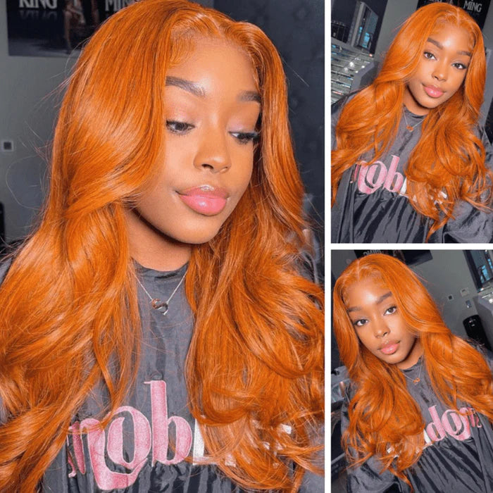 Ruilog Hair Ginger Orange Colored Body Wave Wigs 13X4 HD Transparent Lace Wig Pre Plucked With Baby Hair