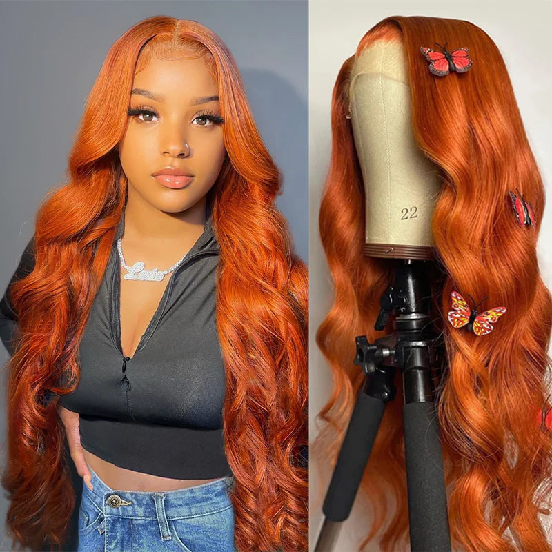 Ruilog Hair Ginger Orange Colored Body Wave Wigs 13X4 HD Transparent Lace Wig Pre Plucked With Baby Hair