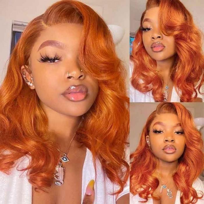 Ruilog Hair Ginger Orange Colored Body Wave Wigs 13X4 HD Transparent Lace Wig Pre Plucked With Baby Hair