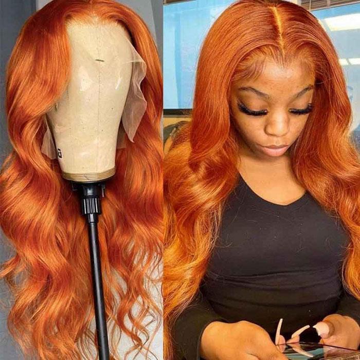 Ruilog Hair Ginger Orange Colored Body Wave Wigs 13X4 HD Transparent Lace Wig Pre Plucked With Baby Hair