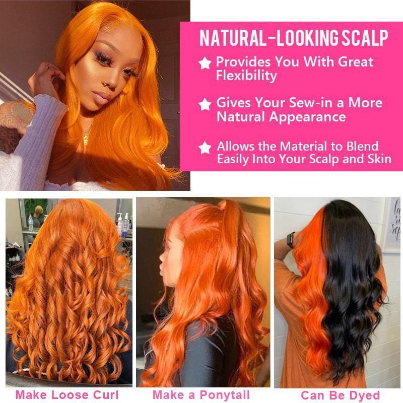 Ruilog Hair Ginger Orange Colored Body Wave Wigs 13X4 HD Transparent Lace Wig Pre Plucked With Baby Hair