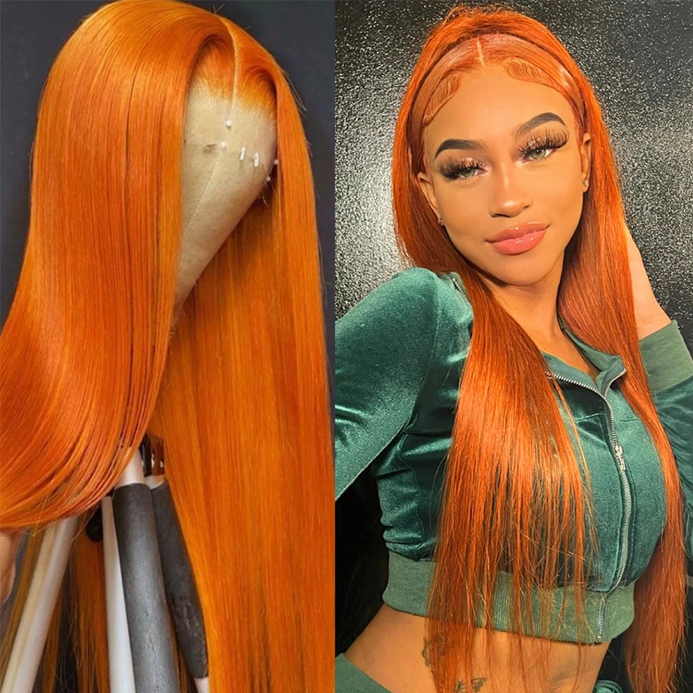 Ruilog Hair Orange Ginger Color Lace Front Wig Human Hair 13x4 Transparent Lace Front Straight Wig Pre Plucked Human Hair Wig