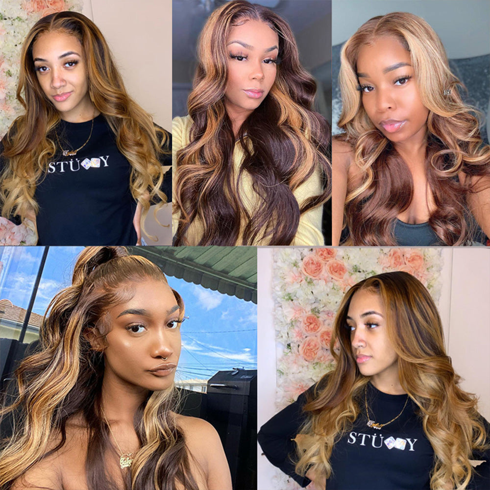 Ruilog Hair Piano Highligh color body wave Wig Human Hair 13x4 Lace Frontal Human Hair Wigs For Woman